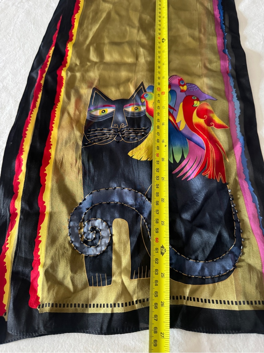 Vintage Laurel Burch Black Cat Parrot Silk Scarf Multicolor Art Wear Collectible - Picture 12 of 16